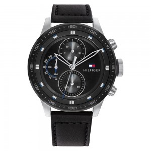 Tommy Hilfiger Black Leather Men’s Multi-function Watch – 1791810