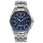 Mens Citizen Eco-drive World Perpetual A.T Radio Controlled Stainless Steel Blue Dial Watch