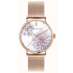 Ted Baker Ladies Watch with Lilac Flower Dial and Rose Gold Mesh Strap